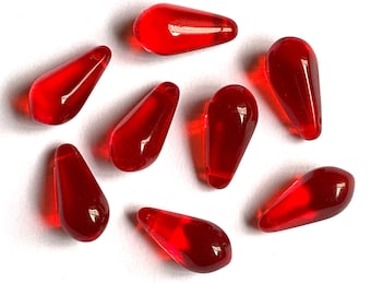 Ten large Czech glass teardrop beads - 9 x 18mm transparent Siam red pressed glass side drilled faceted drops six sides C0054
