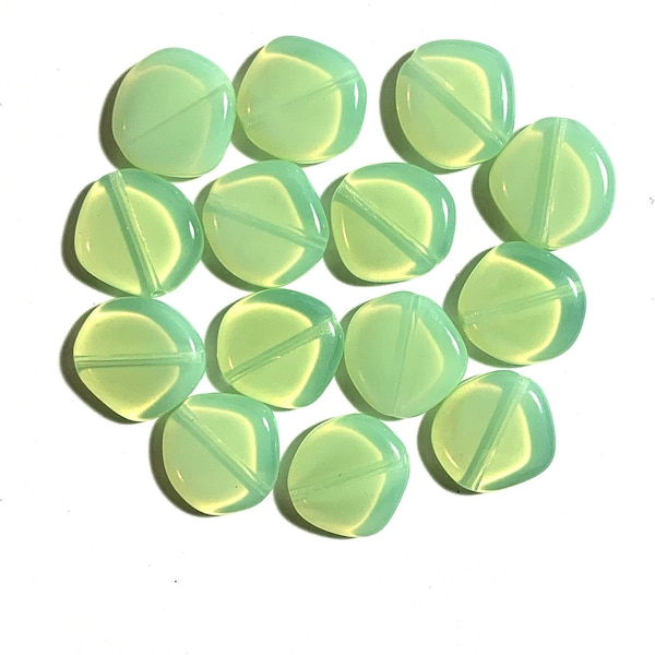 Ten 15mm Czech glass asymmetrical coin or disc beads - milky mint green opal beads - C0067