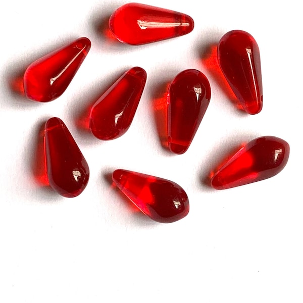 Ten large Czech glass teardrop beads - 9 x 18mm transparent Siam red pressed glass side drilled faceted drops six sides C0054