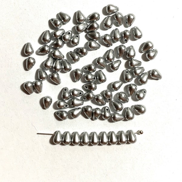 Fifty Czech glass teardrop beads - 6 x 4mm matte metallic silver drop or pear beads - C0043