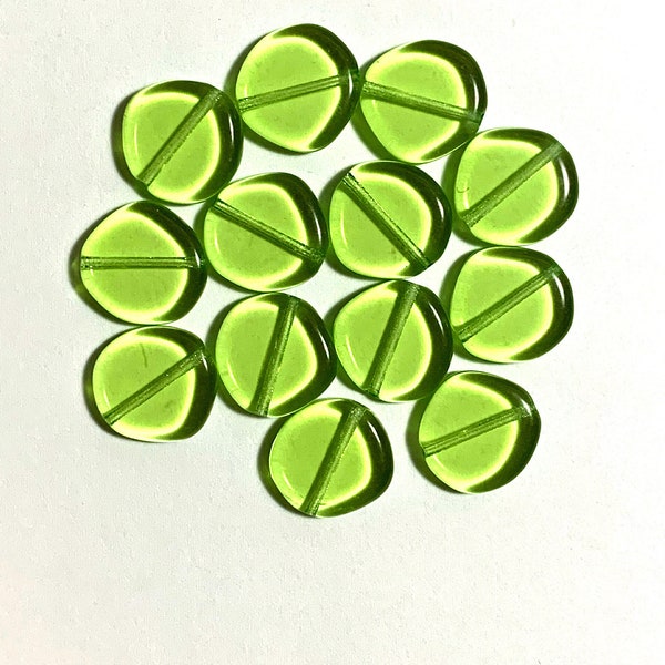 Ten 15mm Czech glass asymmetrical coin or disc beads - Peridot green beads - C0084