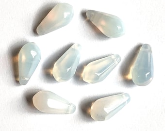 Ten large Czech glass teardrop beads - 9 x 18mm milky white opal pressed glass side drilled faceted drops six sides C0045