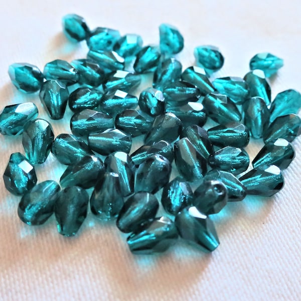 Lot of 25 Czech glass  blue green drop beads -  7 x 5mm teardrop shaped blue zircon / teal firepolished faceted beads C5701