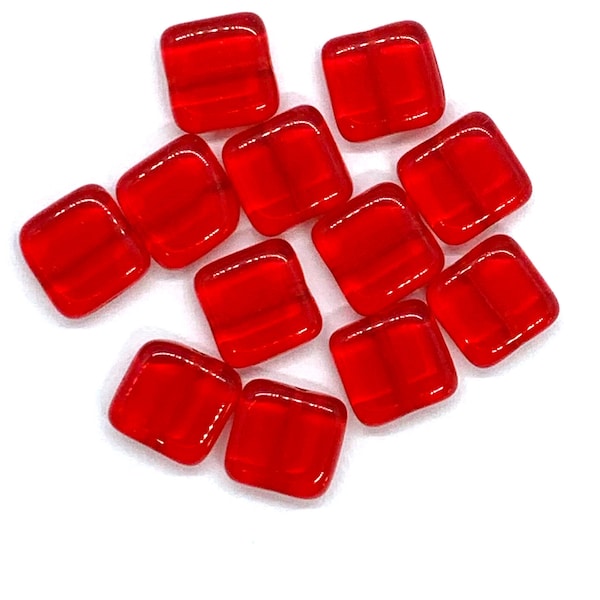 Twenty 9mm square Czech glass beads - transparent Siam red pressed glass beads C0087