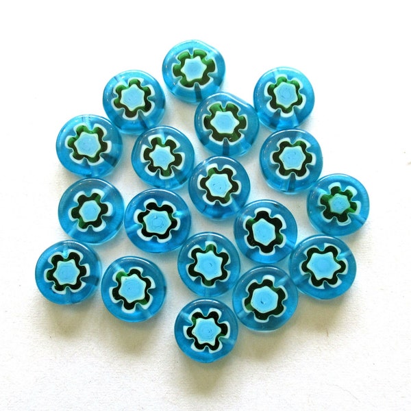 Ten 10mm cane or millefiori glass beads - aqua blue green and white coin or disc beads - C0095