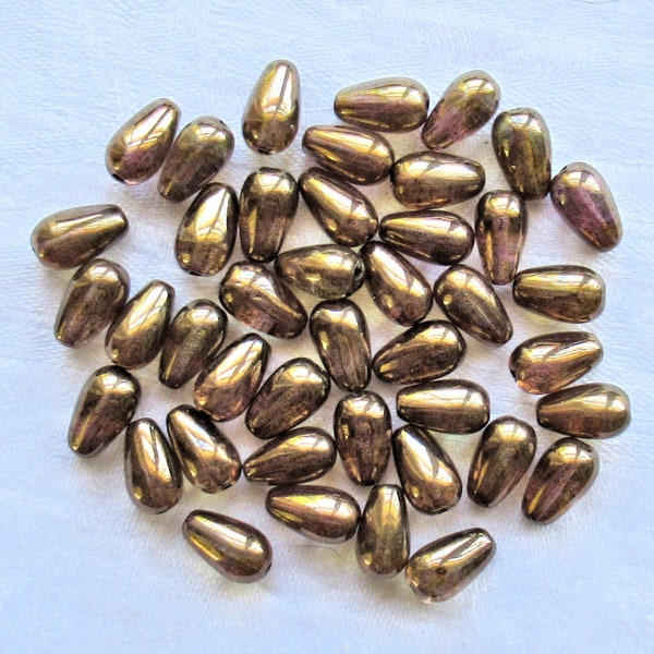 Lot of 25 lumi brown Czech glass drop beads - smooth teardrop beads - 10 x 6mm  C5301