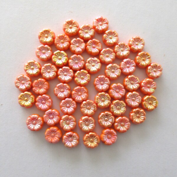 Lot of 15 8mm Czech glass flower beads - opaque orange with an ab finish - pressed glass Hawaiian flower beads C0099