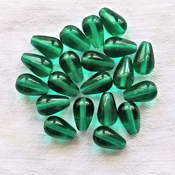 Lot of 25 Czech glass drop beads - center drilled smooth teardrop shaped teal blue green or emerald beads -  10 x 6mm C0054