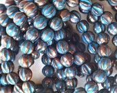 25 Czech 6mm glass melon beads, metallic bronze with a turquoise wash, earthy, rustic, pressed beads 52101