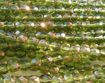 4mm Czech fire Polished 150 Beads Olivine Silver Czeh faceted Beads