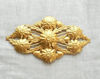 1 large raw brass Art Nouveau, Deco, Victorian Floral Filigree Dapt Connector, Pendant, stamping, ornament 80mm x 40mm made in the USA C5901