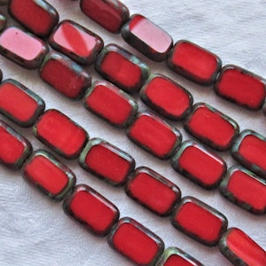 Lot of 24 rectangular Czech glass beads,  opaque bright  red with a picasso finish, 12mm x 8mm, rectangle beads  C37101