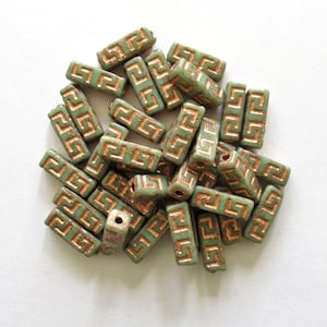 12 Czech glass beads - squared tube beads - Celtic block beads - moss green with a copper wash - 15 x 5mm C00001