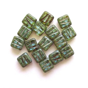 Lot of ten 10mm x 10mm  square light aqua blue, carved, table cut, picasso Czech glass beads, striped square zebra beads  C0019