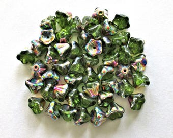 25 Czech glass bell flower beads - olivine green vitrail pressed glass flower beads - 8 x 6mm - C0026
