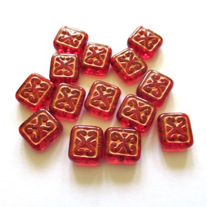 10 Czech glass rectangle beads - light garnet red with a copper wash - fancy patterened rectangular beads - 12mm x 11mm - C0059