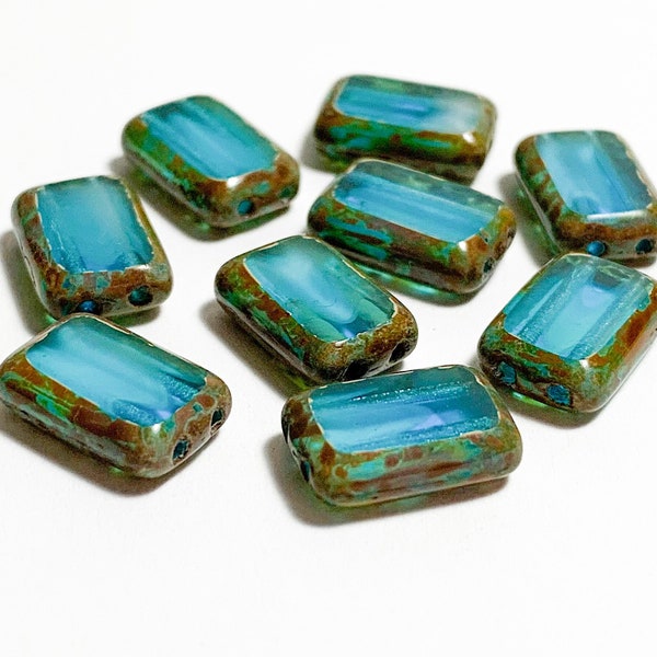 Ten Czech glass rectangular TWO HOLE beads. aqua blue marbled with a picasso finish, 12 x 8mm rectangle bead C0090