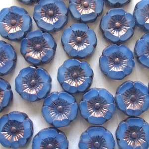Czech glass flower beads - 12mm - milky blue opal w/ purple bronze accents - table cut carved - Hawaiian hibiscus flowers - 8 beads - C0822