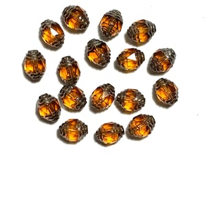15 Czech glass fire polished faceted fancy antique cut oval cathedral beads - 10 x 8mm topaz brown beads with silver accents - C0058