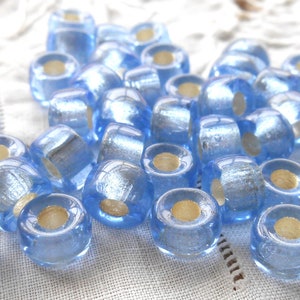25 9mm Czech Light Sapphire Blue Silver Lined glass pony roller beads, large hole crow beads, C0087