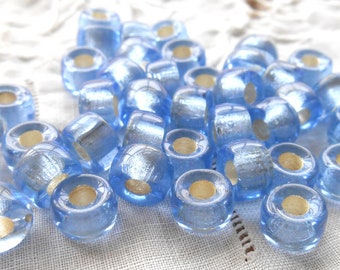 25 9mm Czech Light Sapphire Blue Silver Lined glass pony roller beads, large hole crow beads, C0087