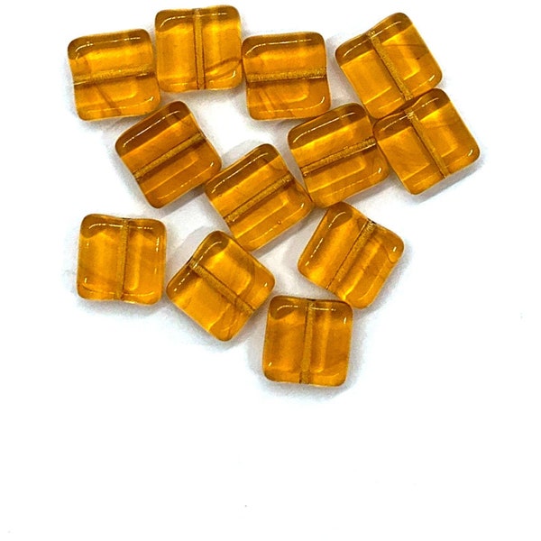 Twenty 9mm square Czech glass beads - transparent amber or topaz pressed glass beads C0076