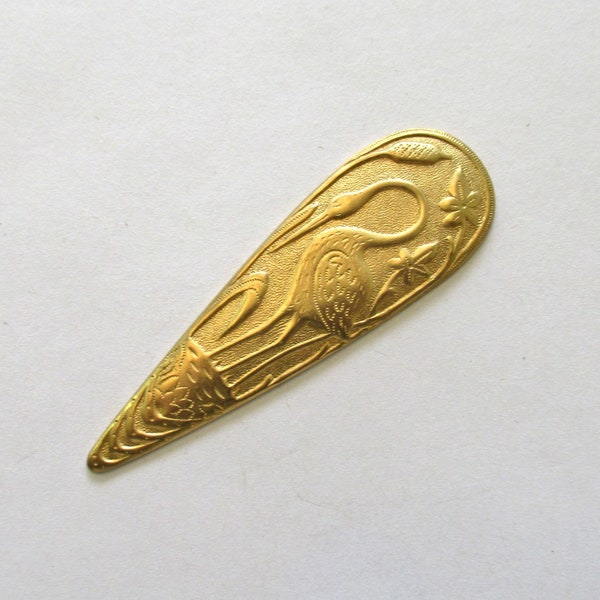 1 art deco / nouveau bird brass stamping - oval with stork pendant - connector - earring -  2.75" by .87" inches- made in the USA C0088