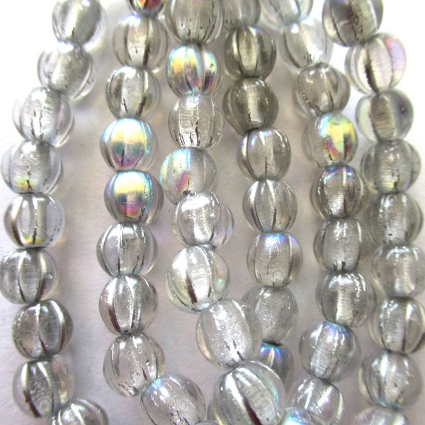 25 6mm Czech glass melon beads - crystal with a silver ab finish - pressed glass beads - C0096