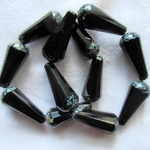 Six Czech glass long faceted teardrop beads - opaque jet black w/ picasso finish on the ends - 9 x 20mm elongated tear drops 19106