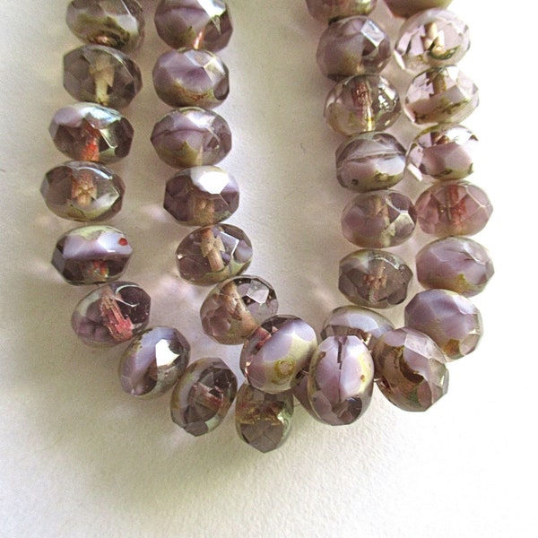 25 Czech glass faceted puffy rondelles -  6 x 8mm transparent & opaque mix light amethyst purple / lavender picasso, rondelle beads 00591