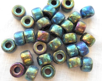 25 9mm Czech Green Iris glass pony roller beads, large hole crow beads, C1550