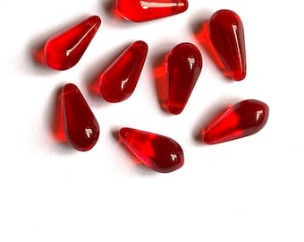 Ten large Czech glass teardrop beads - 9 x 18mm transparent Siam red pressed glass side drilled faceted drops six sides C0054