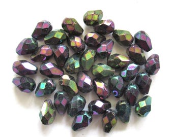 Lot of 25 7 x 5mm Czech glass purple iris teardrop beads - faceted fire polished beads C0067