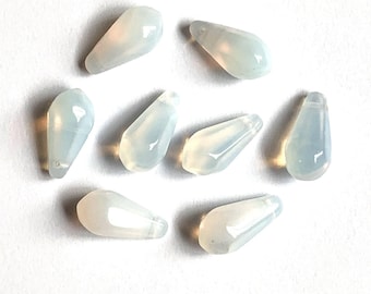 Ten large Czech glass teardrop beads - 9 x 18mm milky white opal pressed glass side drilled faceted drops six sides C0045