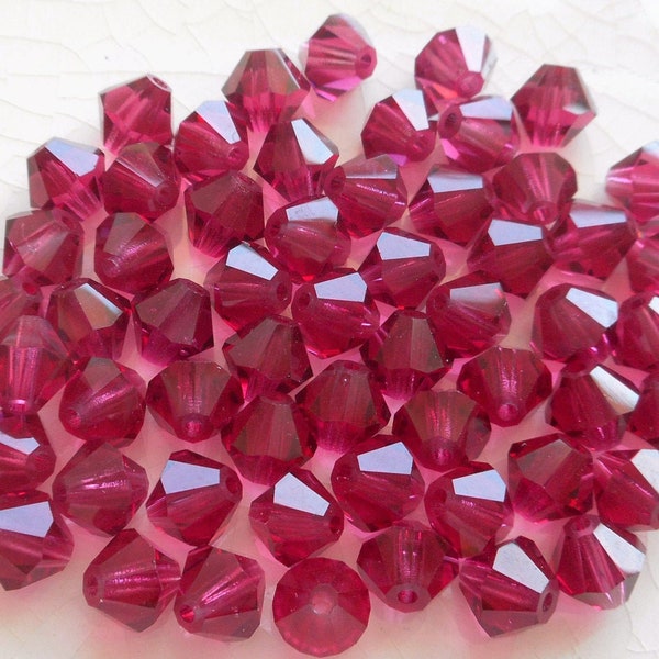 Lot of 24 6mm Fuchsia Czech Preciosa Crystal bicone beads, faceted glass bright pink bicones C4801