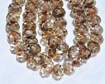 Lot of 25 Czech glass puffy rondelle beads - transparent crystal picasso - 8mm x 6mm - neutral rustic earthy faceted rondelles 25201