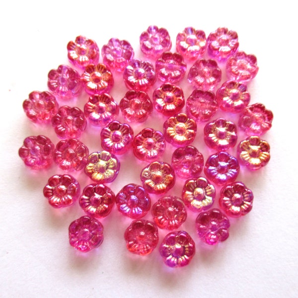 Thirty 6mm small Czech glass flower beads - deep bright pink ab pressed glass flower beads - C00121