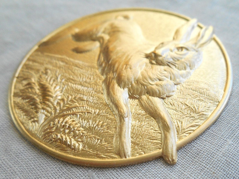 1 Large Raw Brass Stamping Victorian Bunny Rabbit Medallion Etsy