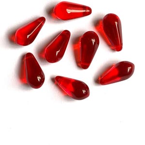 Ten large Czech glass teardrop beads - 9 x 18mm transparent Siam red pressed glass side drilled faceted drops six sides C0054