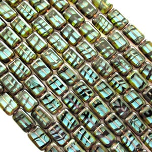 24 Czech glass rectangle beads - transparent light teal blue green tortoiseshell picasso beads - tortoise shell - table cut beads - C00612
