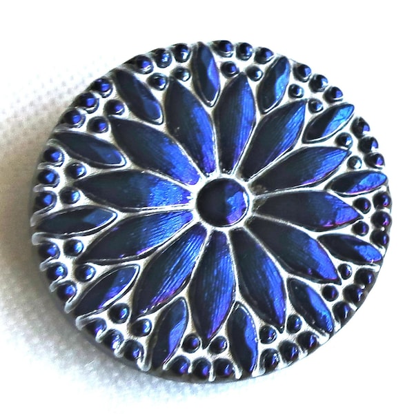 One 30mm Czech glass daisy flower button -  dark blue luster with a silver wash - decorative floral shank buttons 00043