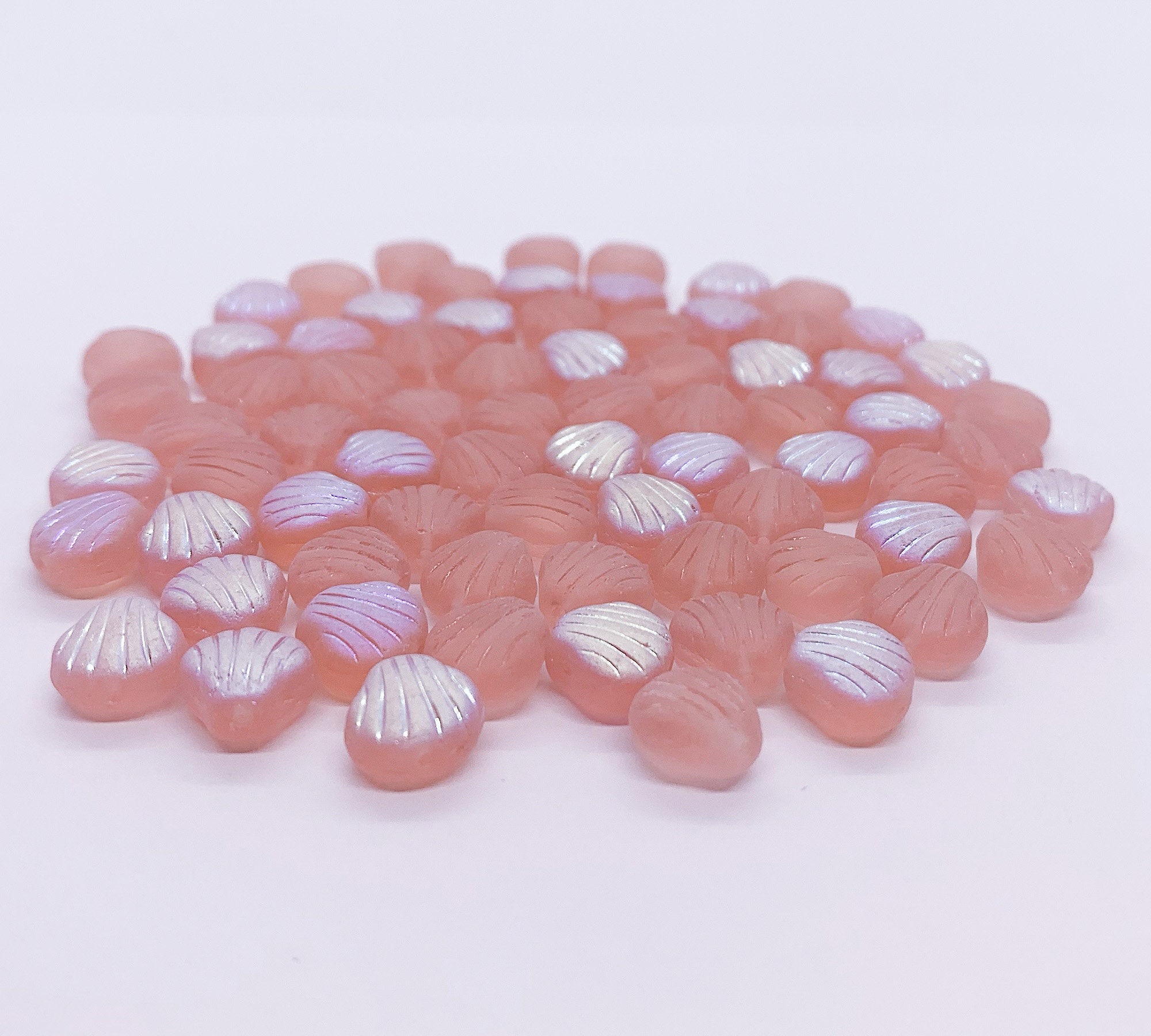 Twenty Czech glass seashell, fan or clam beads - 8mm frosted crystal AB  shell beads - C0058