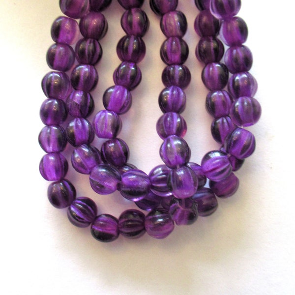 25 Czech glass melon beads - 6mm transparent purple, violet, grape with a purple wash - pressed glass beads -  C0058