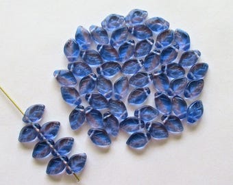 25 Czech glass leaf beads -light blue & purple marbled mix - 12 x 8mm - side drilled leaves - C00501