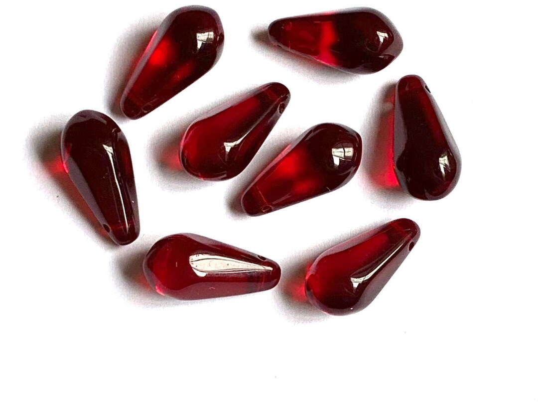 Ten Large Czech Glass Teardrop Beads 9 X 18mm Light Red Pressed Glass Side Drilled