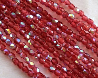 Lot of 50 3mm Fuchsia AB Czech glass beads, pink firepolished, faceted round beads, C1750