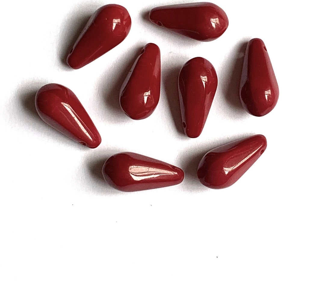 Ten Large Czech Glass Teardrop Beads 9 X 18mm Opaque Blood Red Side Drilled Pressed Glass