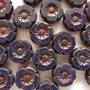 12 small Czech glass flower beads - 7mm purple amethyst opal Hawaiian flowers w/ red picasso accents - table cut, carved floral beads C00031