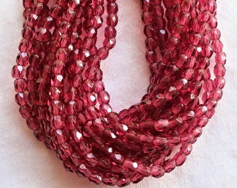 Lot of 50 3mm Fuchsia Czech glass beads -pink firepolished, faceted round beads, C6650