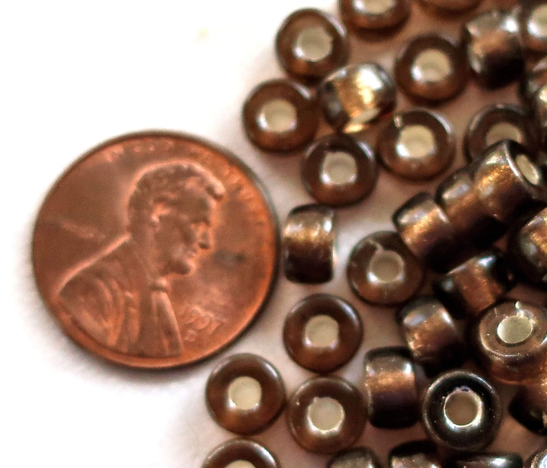 Lot of 50 6mm Smoky Topaz roller or crow beads with large big 2mm holes C7401 Brown Silver Lined Czech glass pony beads